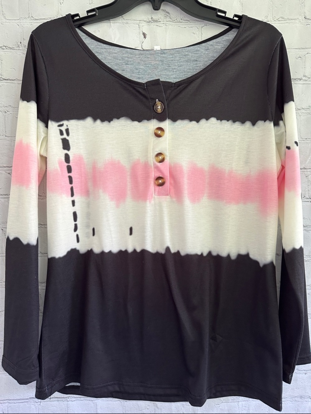 Basico Women's Black & Pink Tie-Dye Button Henley Top L